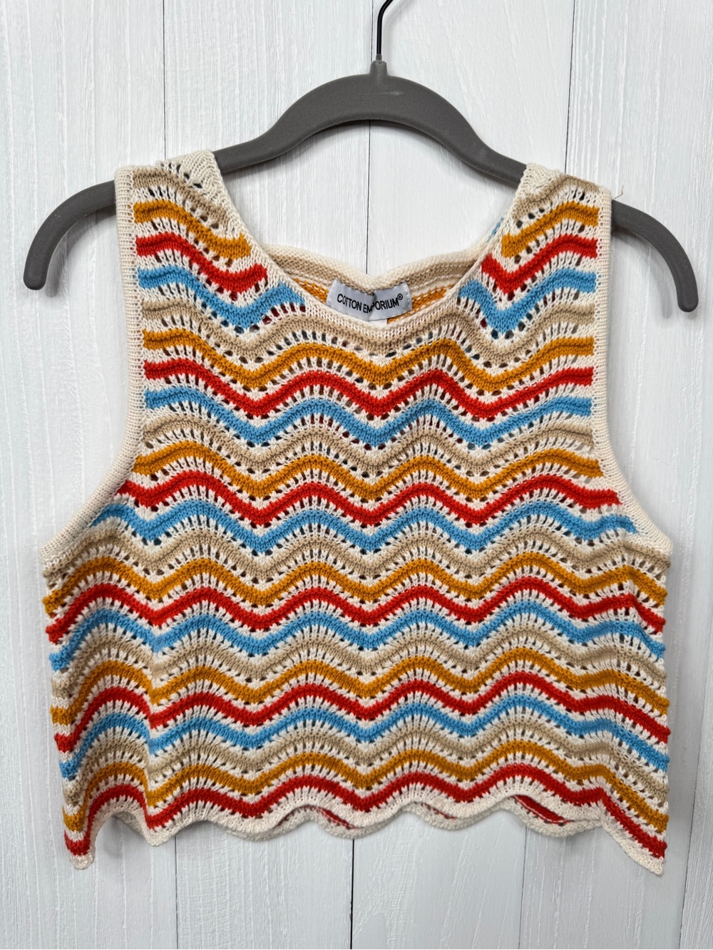 Cotton Emporium Crochet Crop Top Tank Wave Stripe Knit Boho Festival Medium